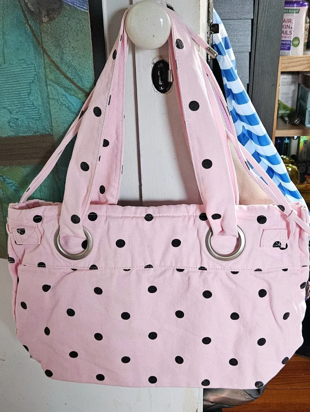 PINK Victoria's Secret Canvas Flat Bottom Tote Bag In Pink Dot NEW MSRP $69.95